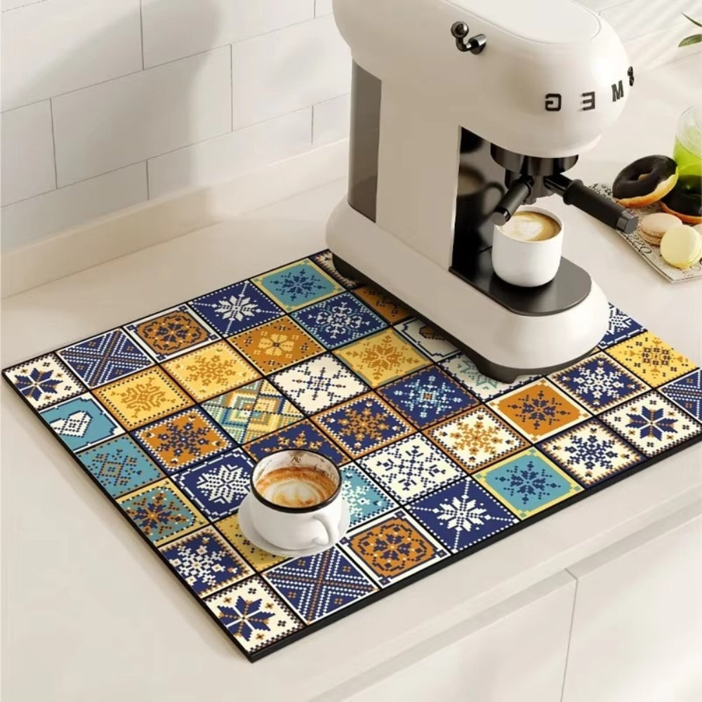 Absorbent Coffee Drying Mat with Retro Tile Pattern and Anti-Slip Backing