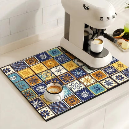 Absorbent Coffee Drying Mat with Retro Tile Pattern and Anti-Slip Backing