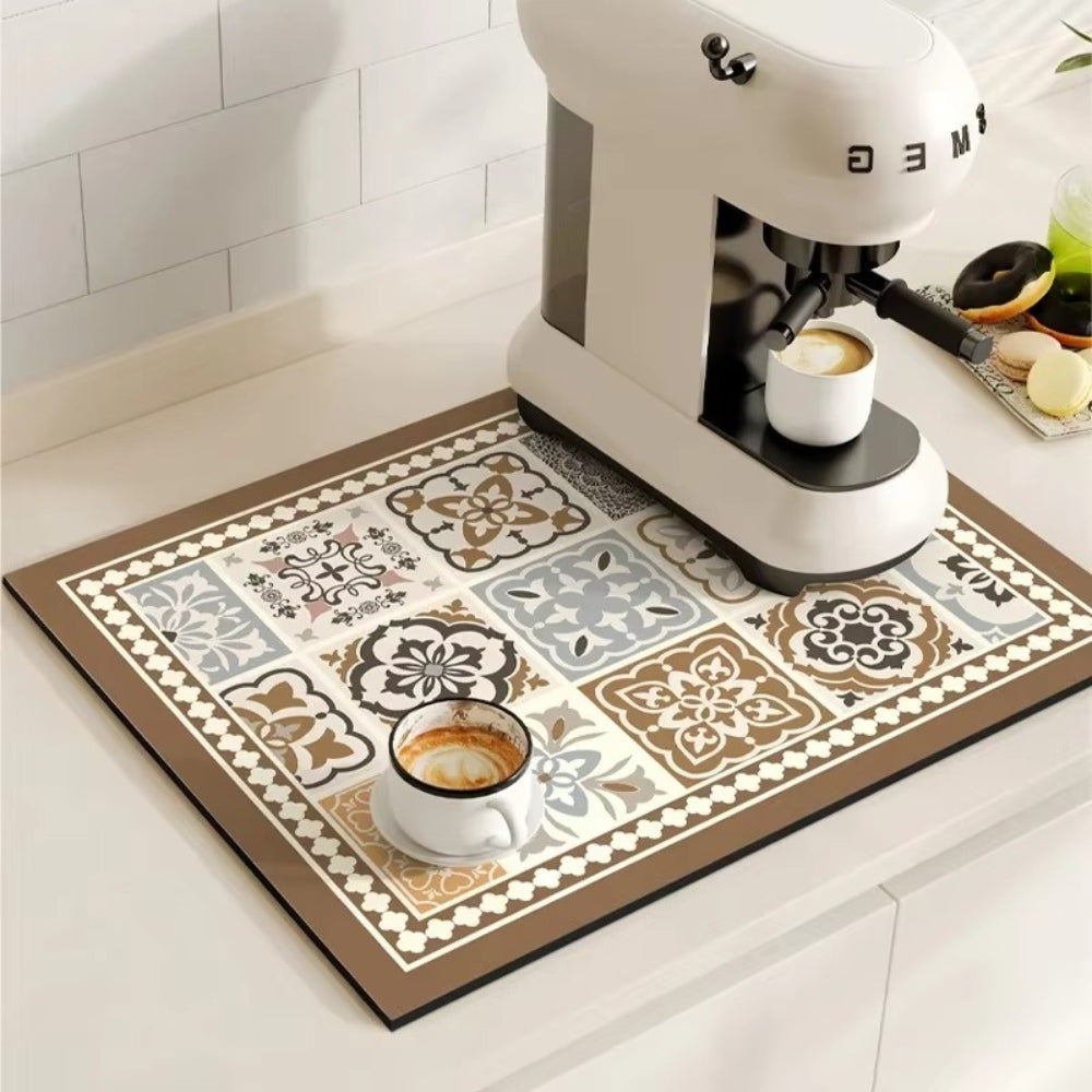Absorbent Coffee Drying Mat with Retro Tile Pattern and Anti-Slip Backing