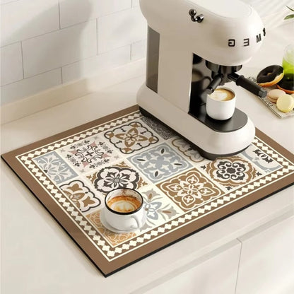 Absorbent Coffee Drying Mat with Retro Tile Pattern and Anti-Slip Backing
