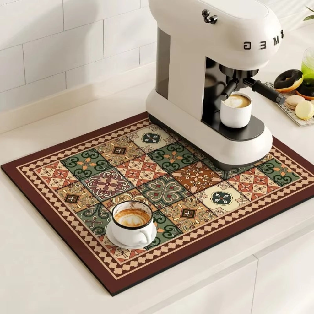 Absorbent Coffee Drying Mat with Retro Tile Pattern and Anti-Slip Backing