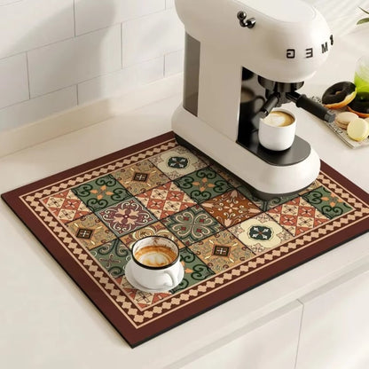 Absorbent Coffee Drying Mat with Retro Tile Pattern and Anti-Slip Backing