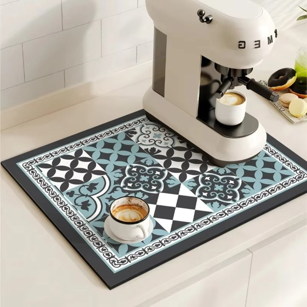 Absorbent Coffee Drying Mat with Retro Tile Pattern and Anti-Slip Backing