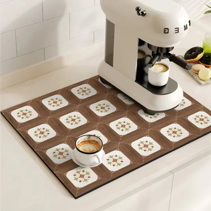 Absorbent Coffee Drying Mat with Retro Tile Pattern and Anti-Slip Backing