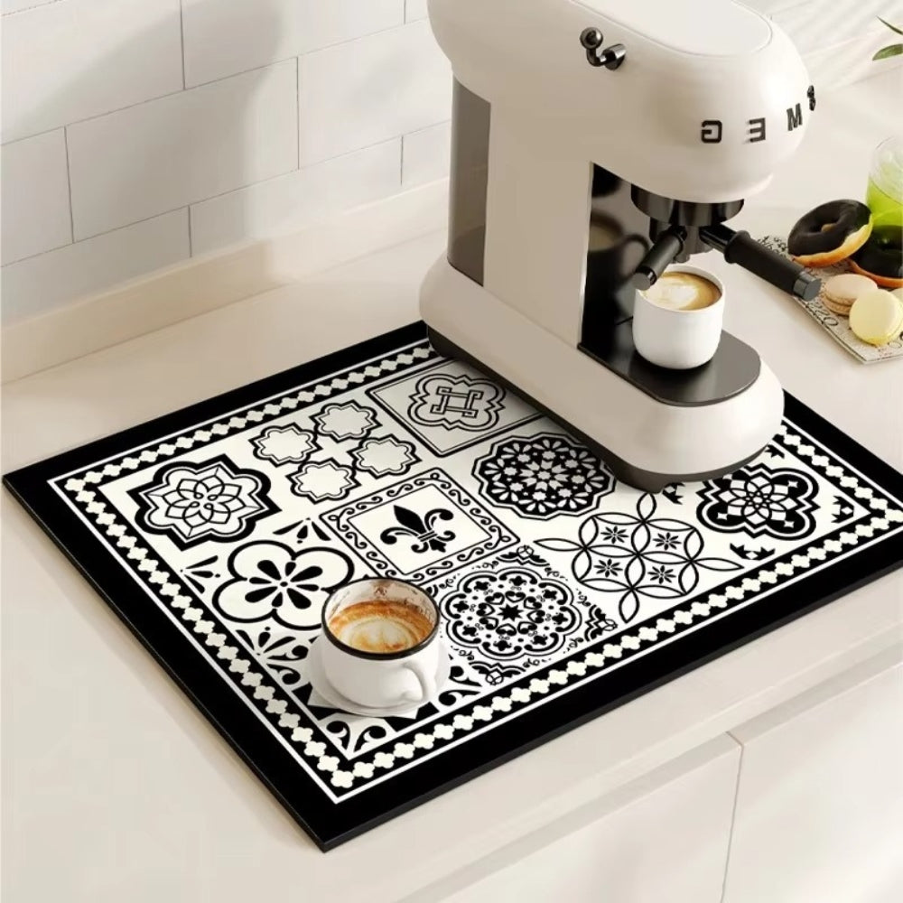 Absorbent Coffee Drying Mat with Retro Tile Pattern and Anti-Slip Backing