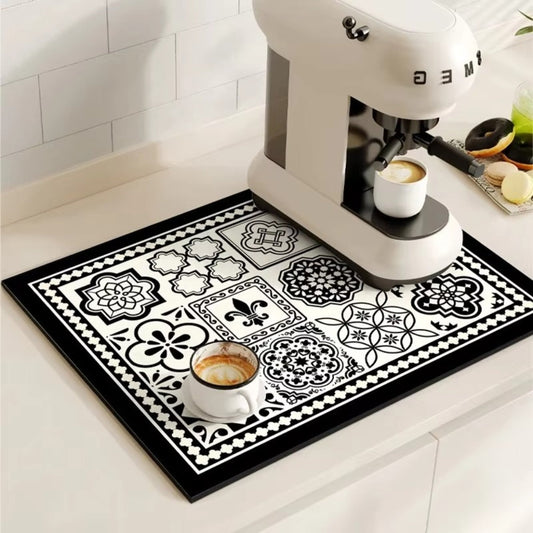 Absorbent Coffee Drying Mat with Retro Tile Pattern and Anti-Slip Backing