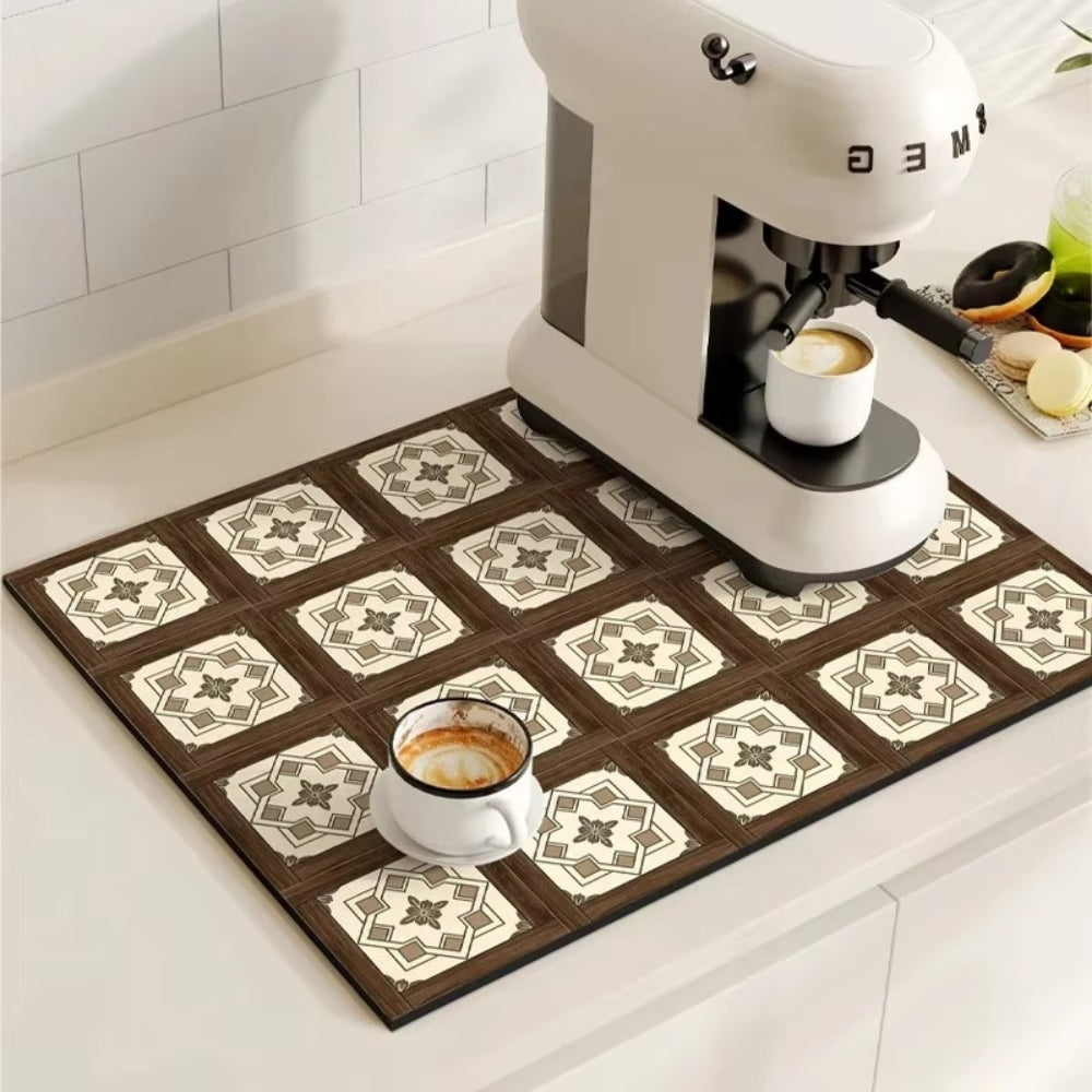 Absorbent Coffee Drying Mat with Retro Tile Pattern and Anti-Slip Backing
