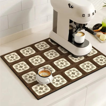 Absorbent Coffee Drying Mat with Retro Tile Pattern and Anti-Slip Backing