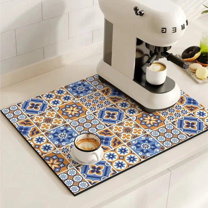 Absorbent Coffee Drying Mat with Retro Tile Pattern and Anti-Slip Backing