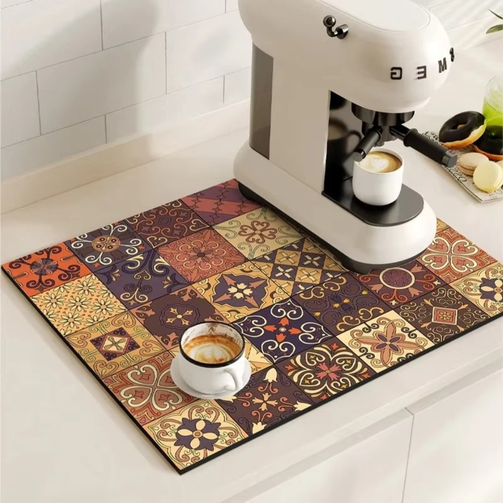 Absorbent Coffee Drying Mat with Retro Tile Pattern and Anti-Slip Backing