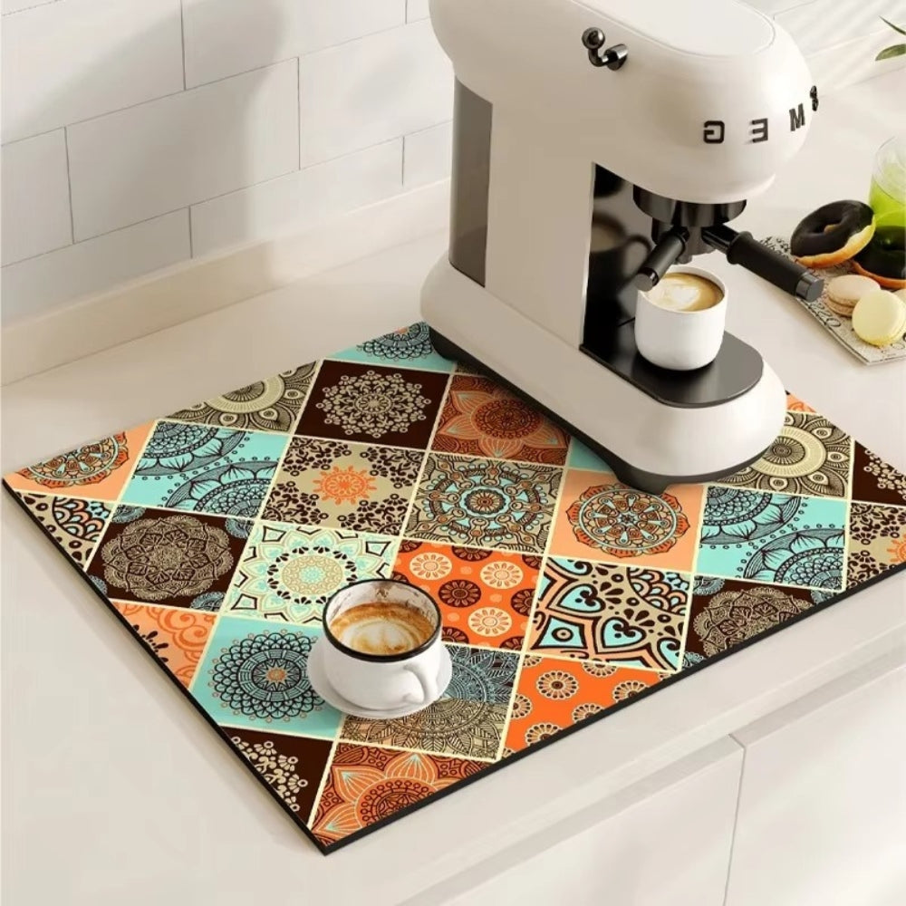 Absorbent Coffee Drying Mat with Retro Tile Pattern and Anti-Slip Backing
