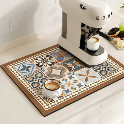 Absorbent Coffee Drying Mat with Retro Tile Pattern and Anti-Slip Backing