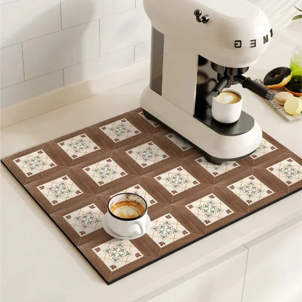 Absorbent Coffee Drying Mat with Retro Tile Pattern and Anti-Slip Backing