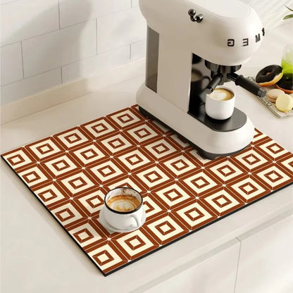 Absorbent Coffee Drying Mat with Retro Tile Pattern and Anti-Slip Backing