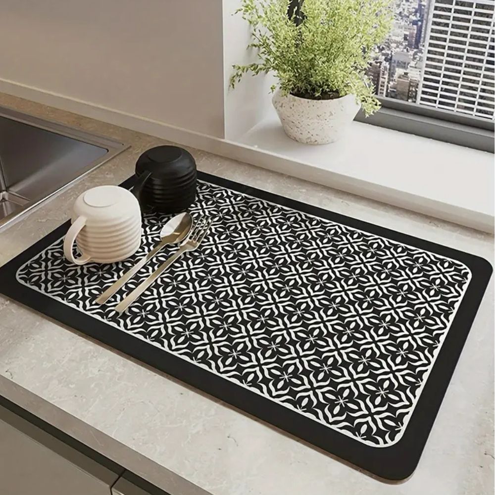 Absorbent Dish Drying Mat with Anti-Slip Rubber Backing and Geometric Pattern