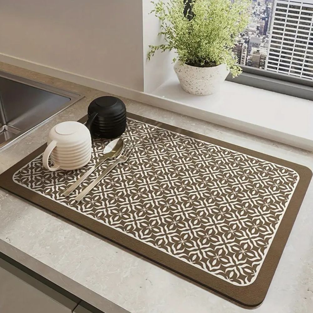 Absorbent Dish Drying Mat with Anti-Slip Rubber Backing and Geometric Pattern