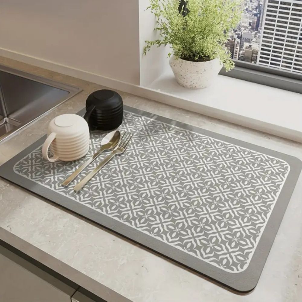 Absorbent Dish Drying Mat with Anti-Slip Rubber Backing and Geometric Pattern