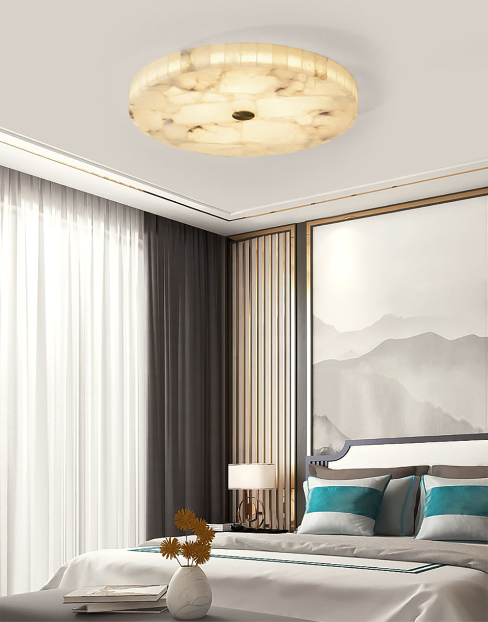 Alabaster Flush Mount Ceiling Light Art Deco Round with Natural Stone Shade