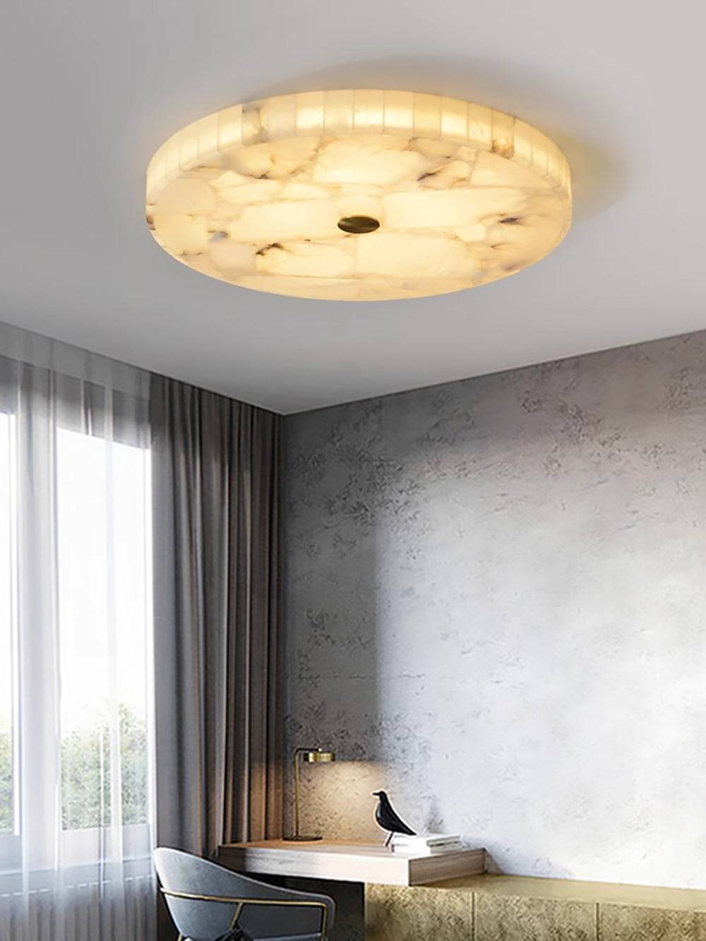 Alabaster Flush Mount Ceiling Light Art Deco Round with Natural Stone Shade