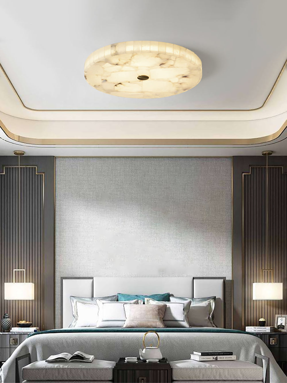Alabaster Flush Mount Ceiling Light Art Deco Round with Natural Stone Shade