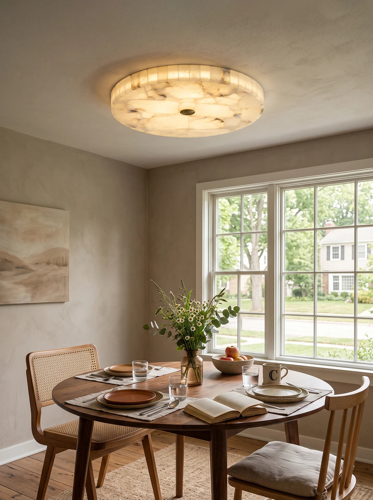 Alabaster Flush Mount Ceiling Light Art Deco Round with Natural Stone Shade