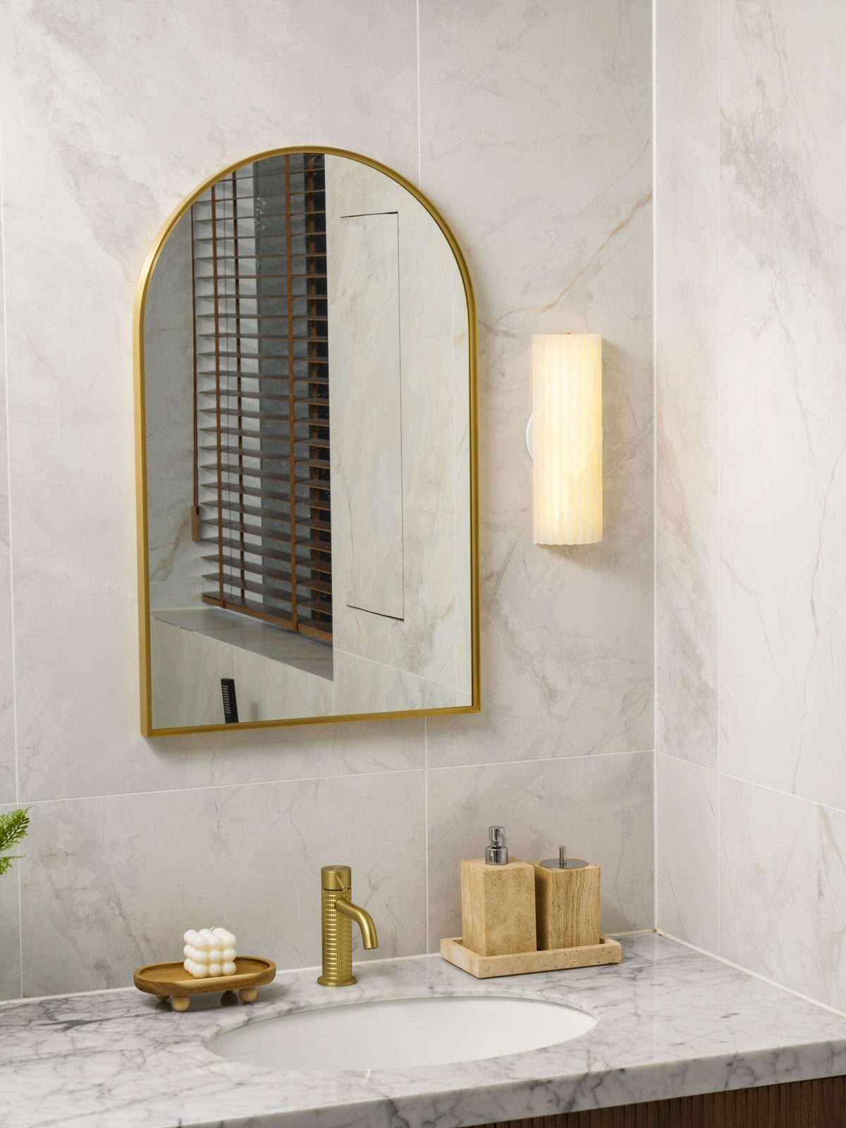 Alabaster Wall Lamp Art Deco with Ribbed Stone Shade and Warm Glow