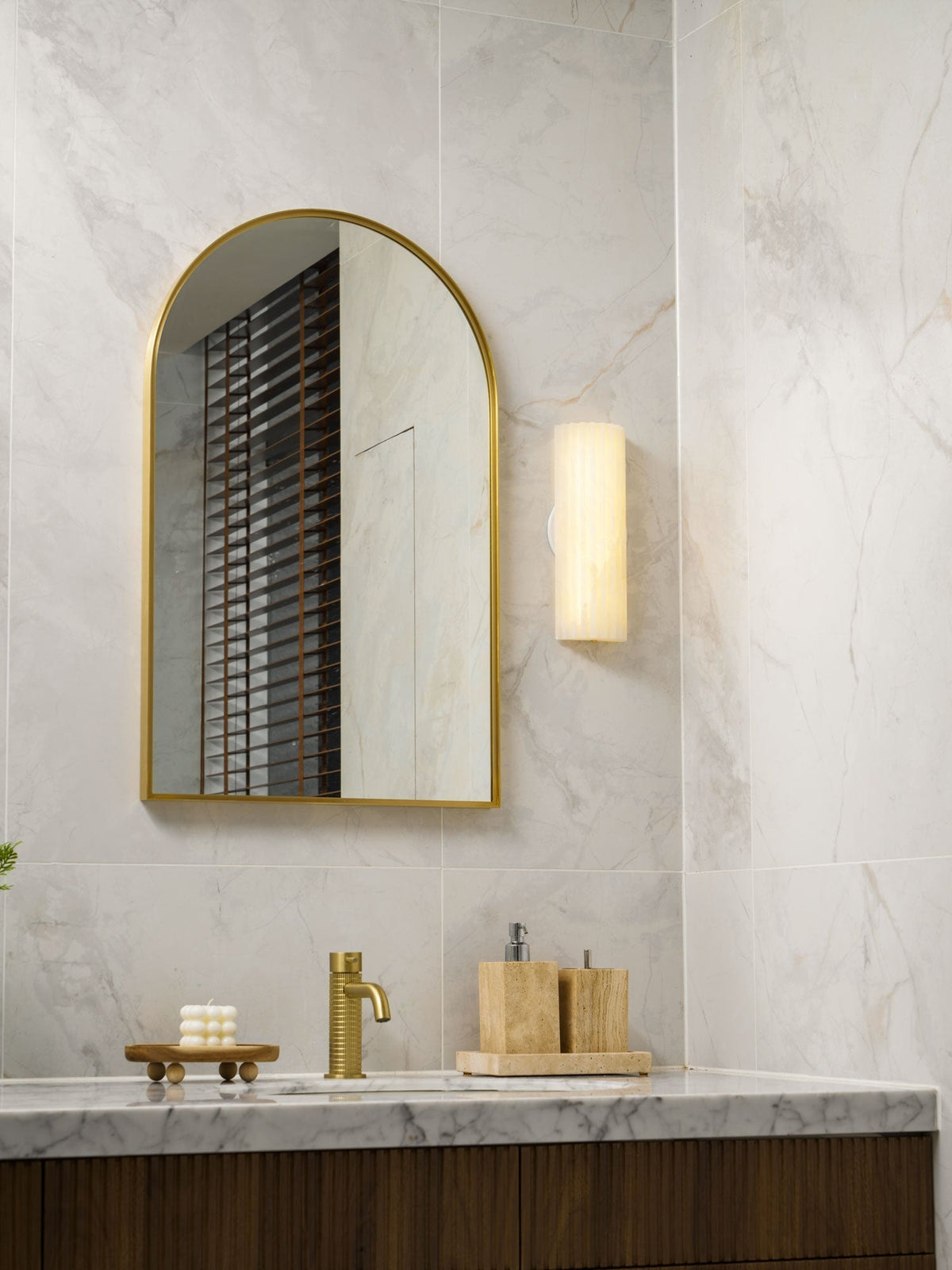 Alabaster Wall Lamp Art Deco with Ribbed Stone Shade and Warm Glow