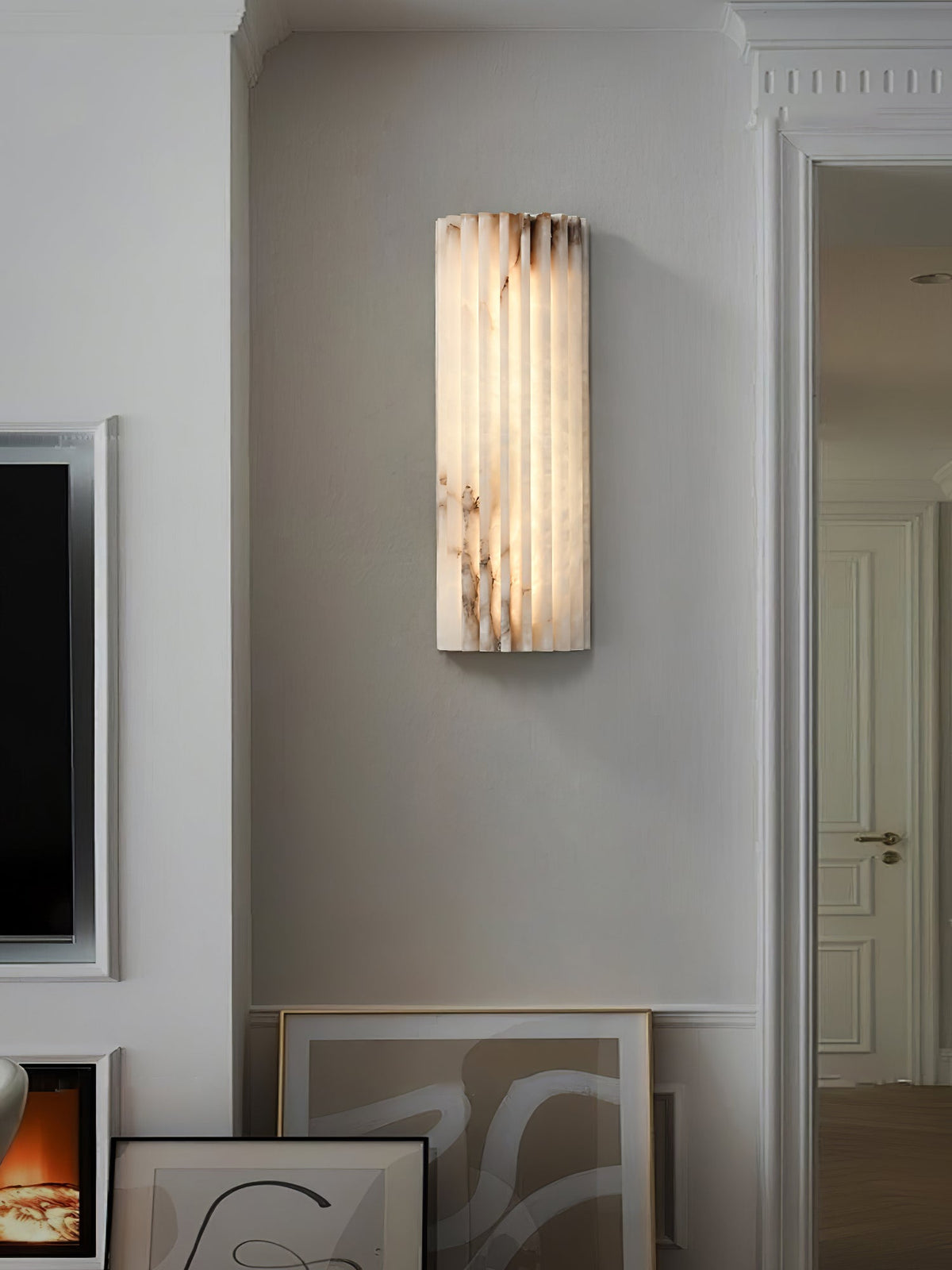 Alabaster Wall Lamp Art Deco with Ribbed Stone Shade and Warm Glow