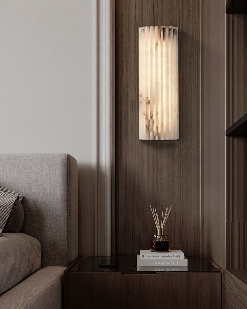 Alabaster Wall Lamp Art Deco with Ribbed Stone Shade and Warm Glow