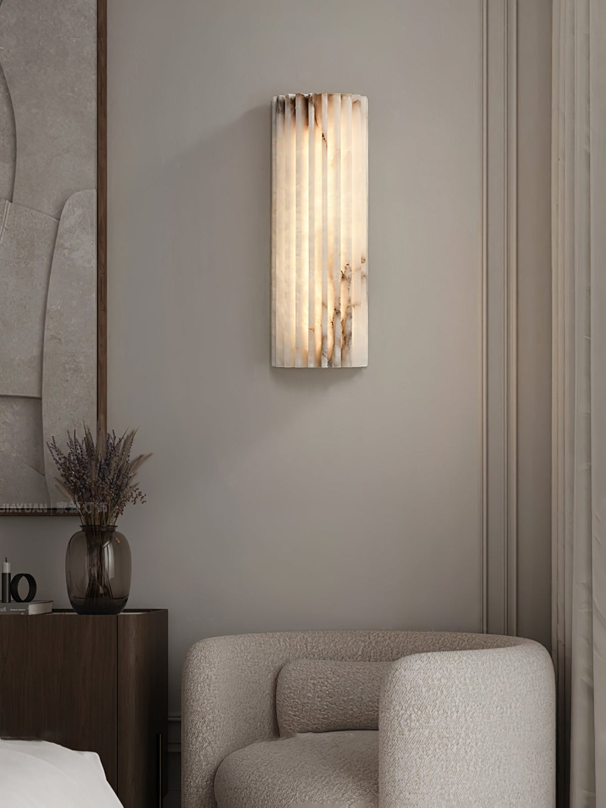 Alabaster Wall Lamp Art Deco with Ribbed Stone Shade and Warm Glow