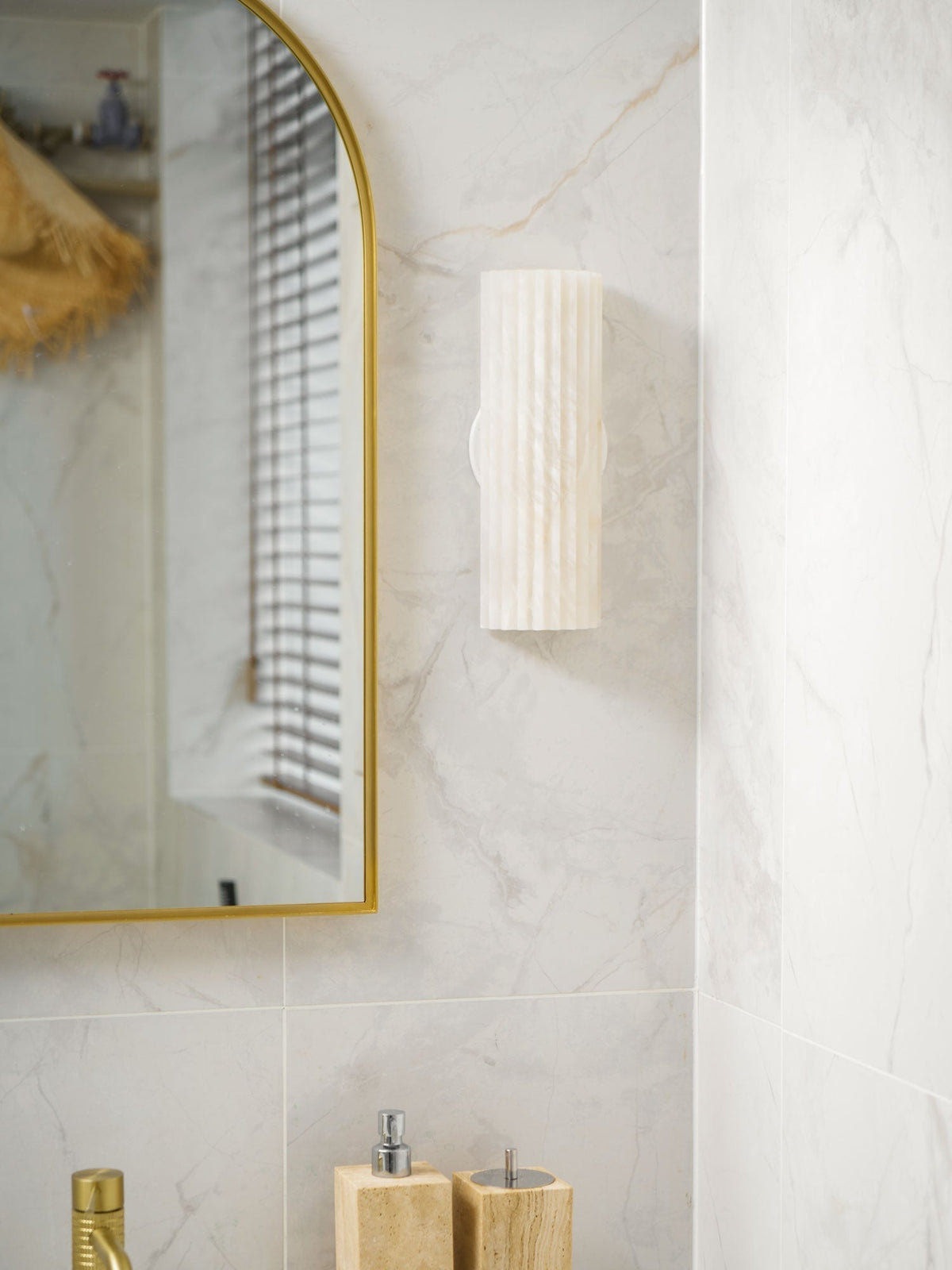 Alabaster Wall Lamp Art Deco with Ribbed Stone Shade and Warm Glow