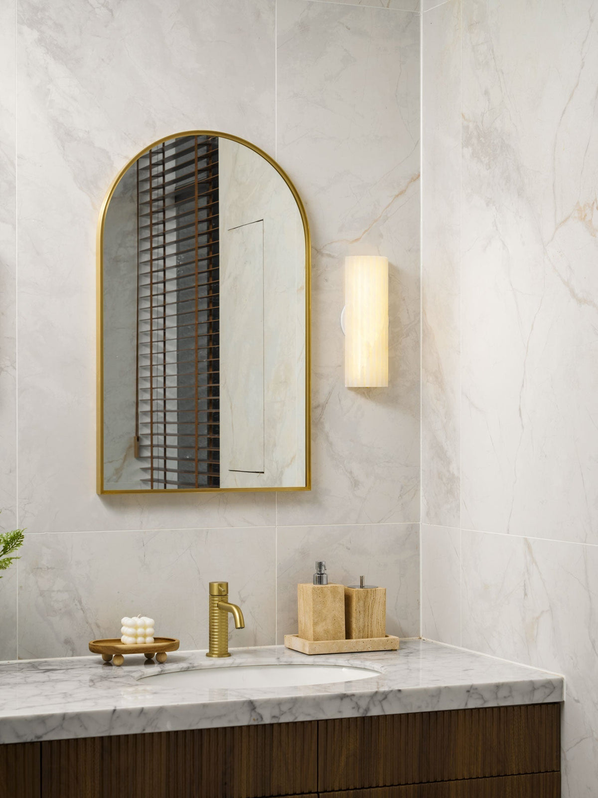 Alabaster Wall Lamp Art Deco with Ribbed Stone Shade and Warm Glow