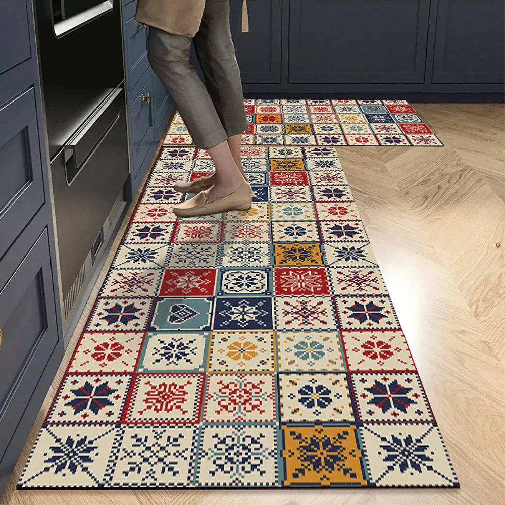 Anti-Slip Kitchen Runner Rug with Bohemian Tile Print