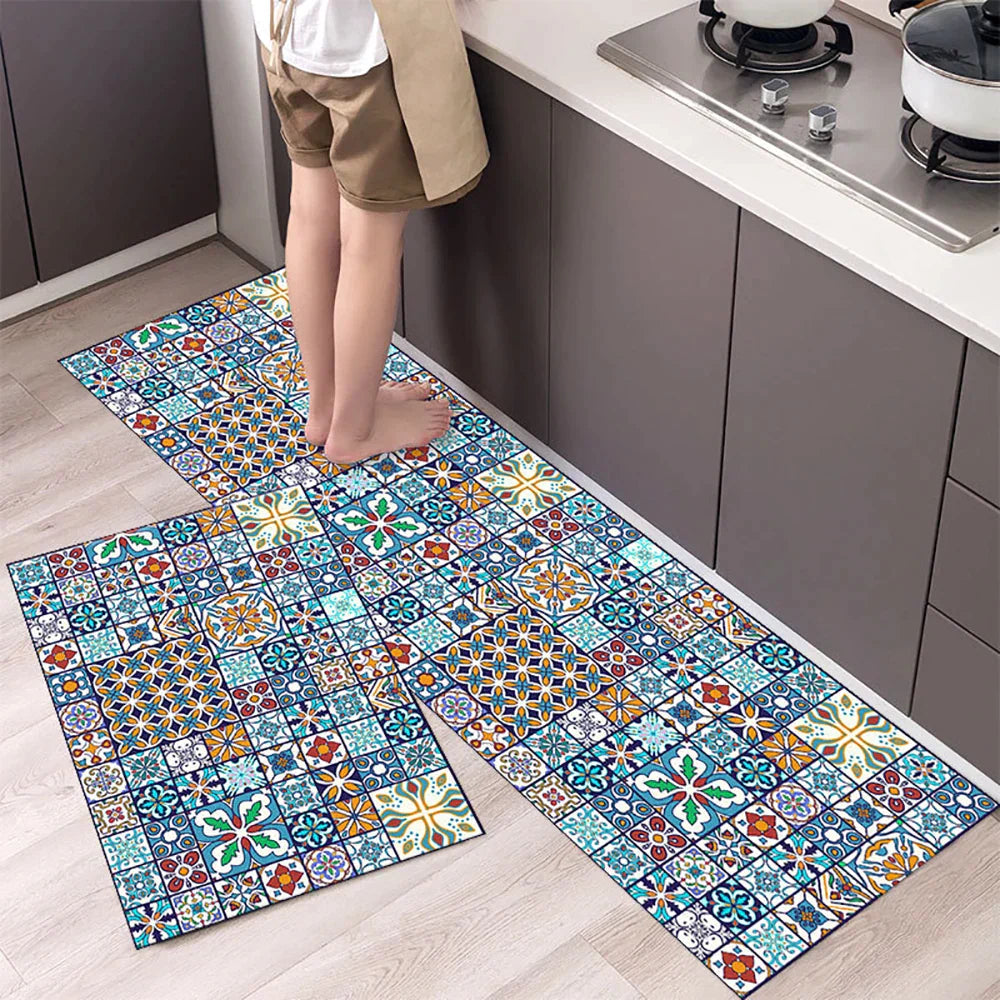 Anti-Slip Kitchen Runner Rug with Bohemian Tile Print