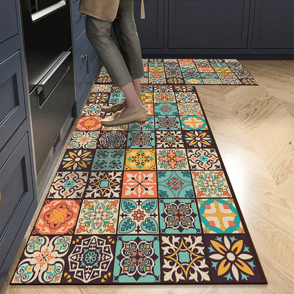 Anti-Slip Kitchen Runner Rug with Bohemian Tile Print