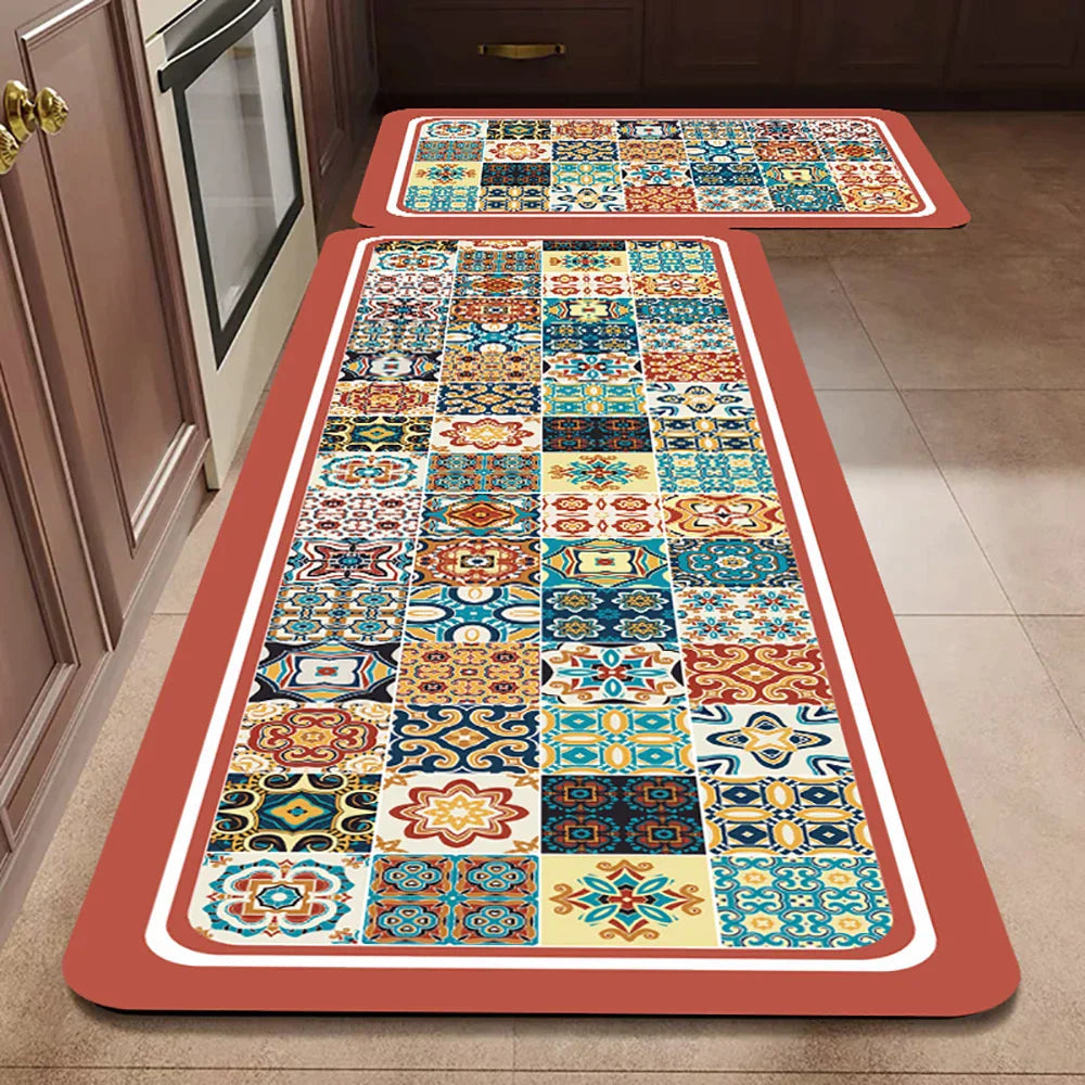 Anti-Slip Kitchen Runner Rug with Bohemian Tile Print