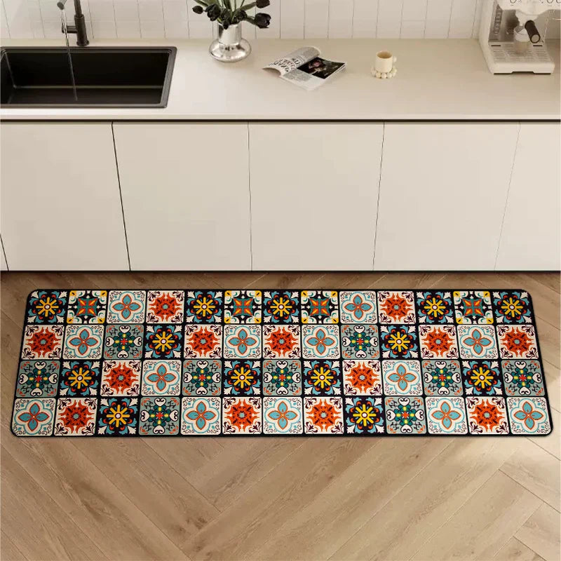 Anti-Slip Kitchen Runner Rug with Bohemian Tile Print
