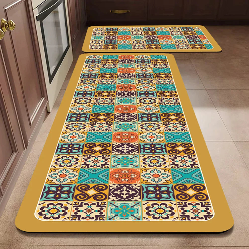 Anti-Slip Kitchen Runner Rug with Bohemian Tile Print