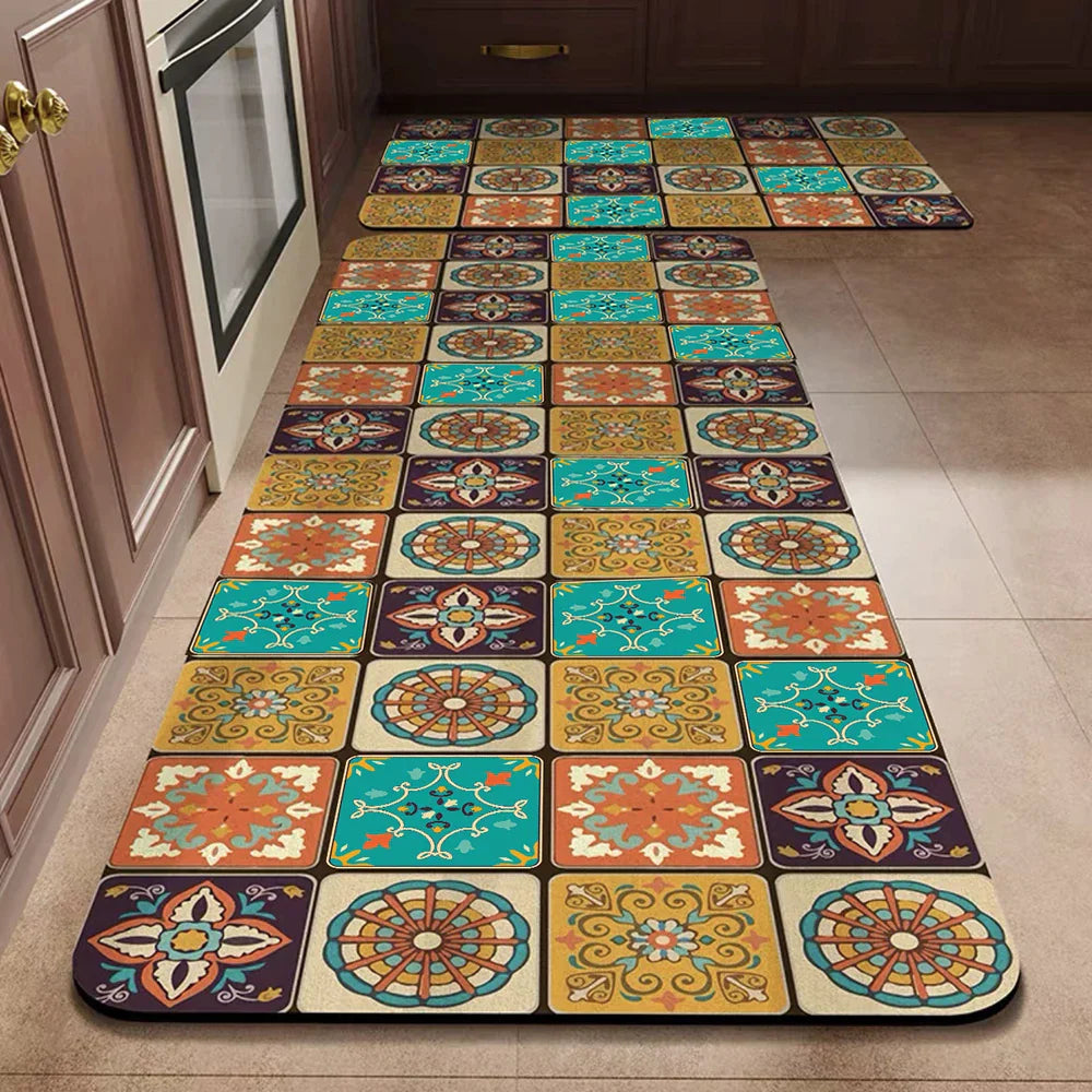 Anti-Slip Kitchen Runner Rug with Bohemian Tile Print