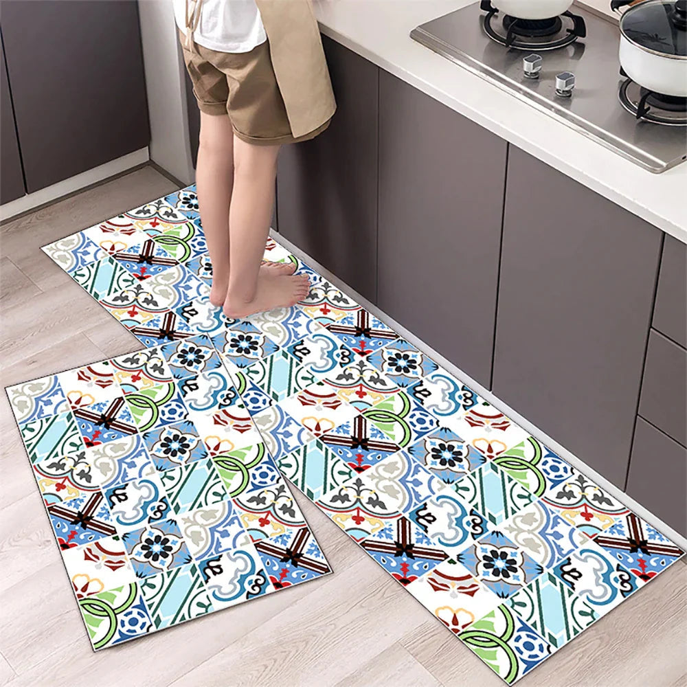 Anti-Slip Kitchen Runner Rug with Bohemian Tile Print