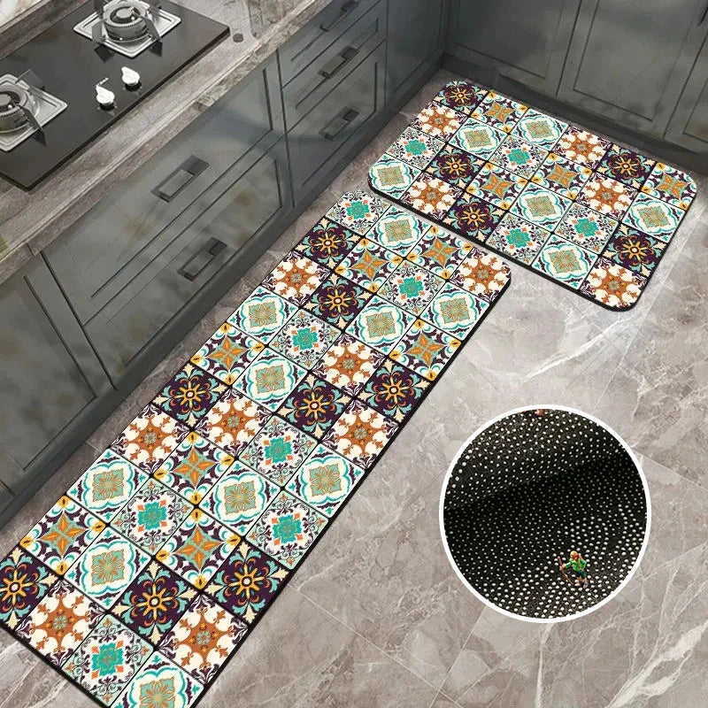 Anti-Slip Kitchen Runner Rug with Bohemian Tile Print