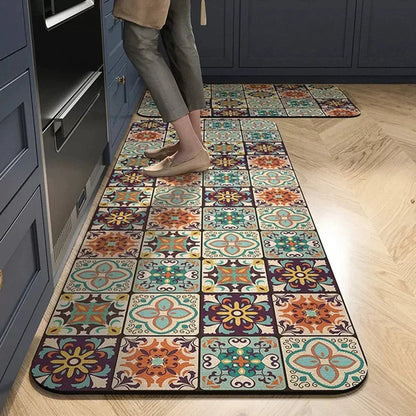 Anti-Slip Kitchen Runner Rug with Bohemian Tile Print