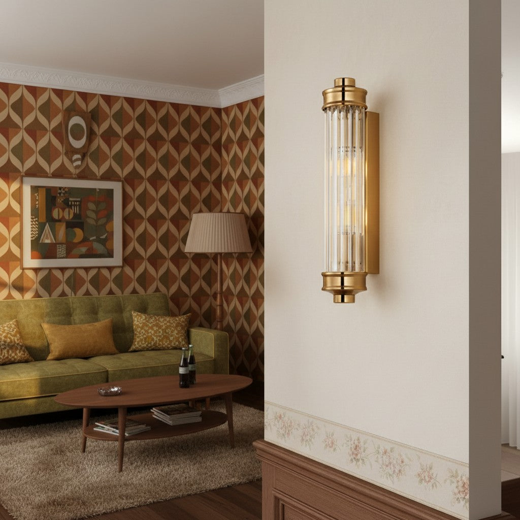 Art Deco Wall Lamp with Ribbed Glass Shade and Metal Backplate