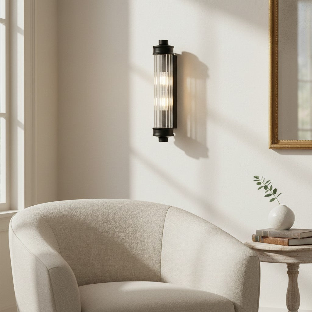 Art Deco Wall Lamp with Ribbed Glass Shade and Metal Backplate