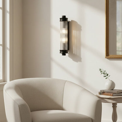 Art Deco Wall Lamp with Ribbed Glass Shade and Metal Backplate