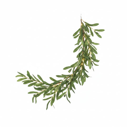 Artificial Olive Leaf Garland with 96 LED Fairy Lights for Mantle and Table Decor