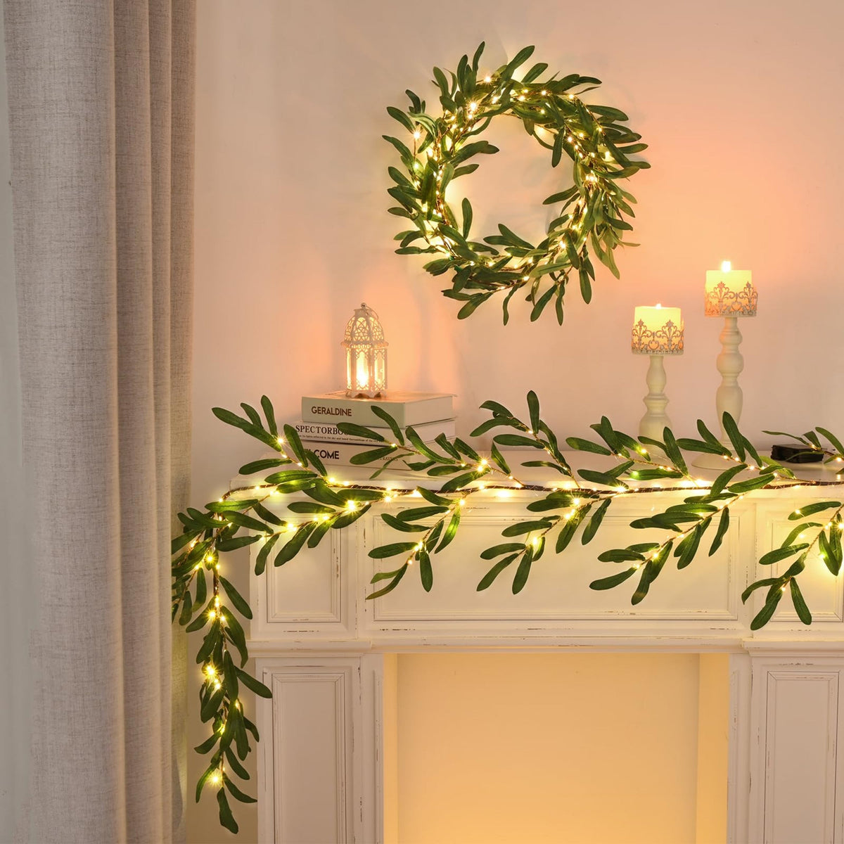 Artificial Olive Leaf Garland with 96 LED Fairy Lights for Mantle and Table Decor