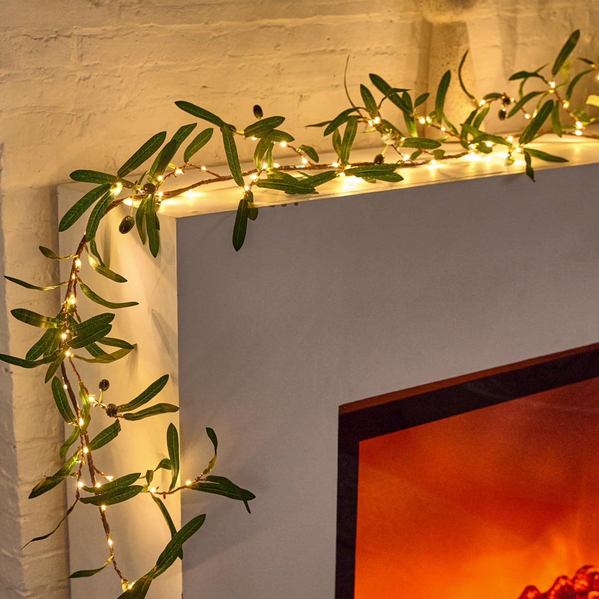 Artificial Olive Leaf Garland with 96 LED Fairy Lights for Mantle and Table Decor