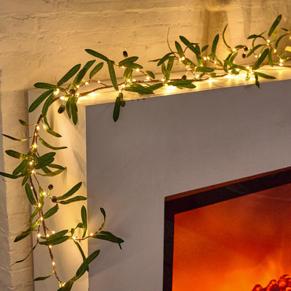 Artificial Olive Leaf Garland with 96 LED Fairy Lights for Mantle and Table Decor