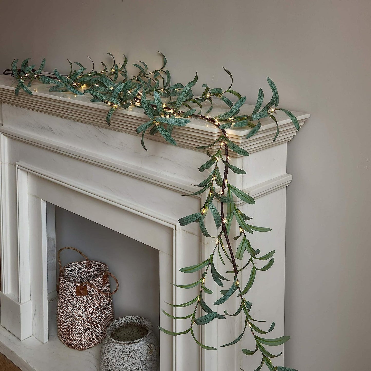 Artificial Olive Leaf Garland with 96 LED Fairy Lights for Mantle and Table Decor